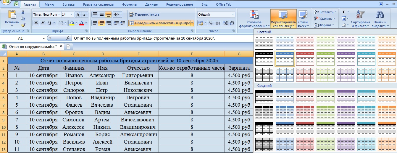 Форматирования таблицы в Excel